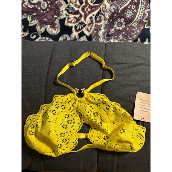 Savage X Fenty Yellow Eyelet Broderie Lace Halter Bralette Medium NWT - Picture 2 of 8